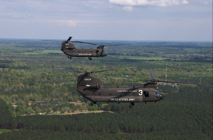 Boeing's only two CH-47F model Chinook helicopters.