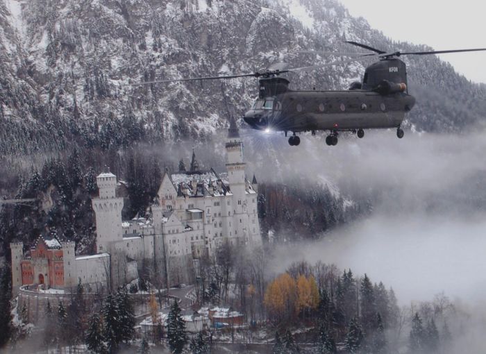 Big Windy's 88-00104 flying by King Ludwig II's famous Neuschwanstein (German for "New Swan Stone") castle (the inspiration for Walt Disney's Cinderella Castle) in southern Bavaria, Federal Republic of Germany (FRG) (November 2000).