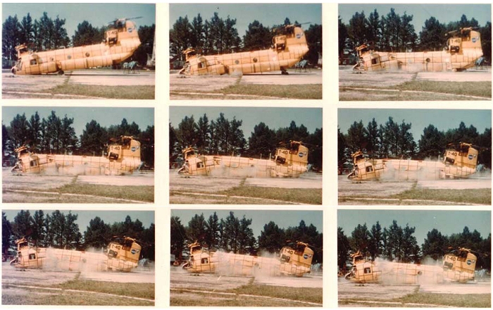 61-02418 undergoing T-40 crash testing conducted at Langley AFB in support of the U.S. Army by the National Aeronautics and Space Administration (NASA).