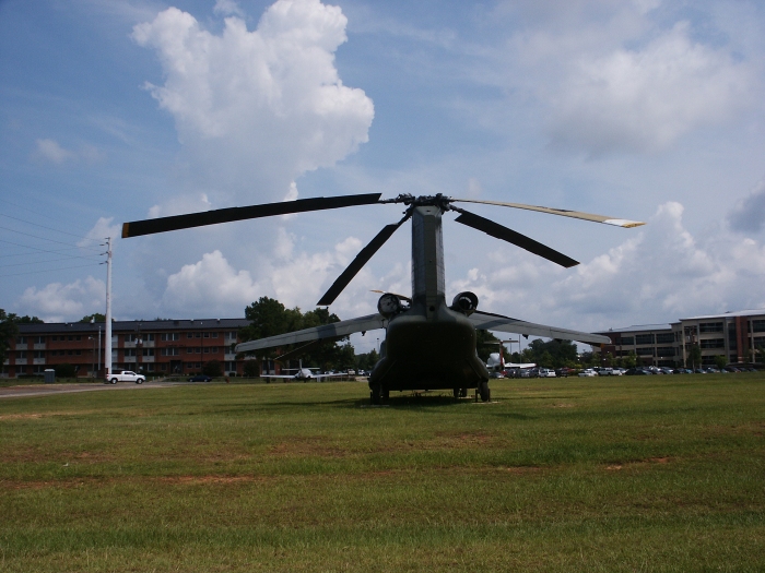 Having received a fresh coat of paint, CH-47A Chinook helicopter 65-07992, converted to the Boeing BV-347, sits outside the Army Aviation Museum at Fort Rucker, 25 June 2008.