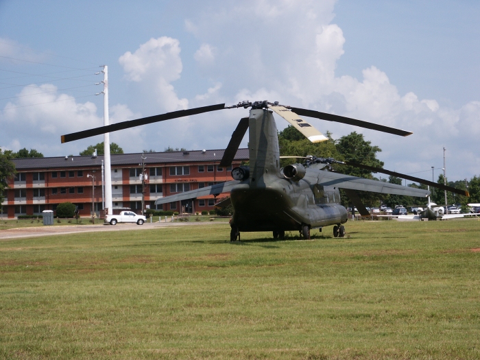 Having received a fresh coat of paint, CH-47A Chinook helicopter 65-07992, converted to the Boeing BV-347, sits outside the Army Aviation Museum at Fort Rucker, 25 June 2008.