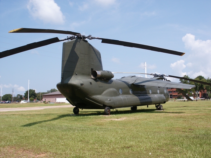 Having received a fresh coat of paint, CH-47A Chinook helicopter 65-07992, converted to the Boeing BV-347, sits outside the Army Aviation Museum at Fort Rucker, 25 June 2008.