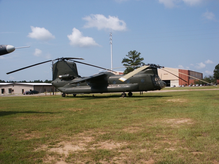 Having received a fresh coat of paint, CH-47A Chinook helicopter 65-07992, converted to the Boeing BV-347, sits outside the Army Aviation Museum at Fort Rucker, 25 June 2008.