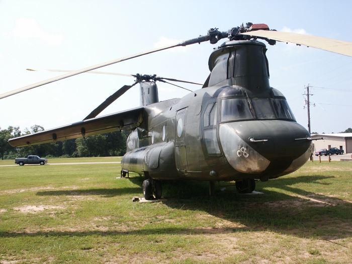 Having received a fresh coat of paint, CH-47A Chinook helicopter 65-07992, converted to the Boeing BV-347, sits outside the Army Aviation Museum at Fort Rucker, 25 June 2008.