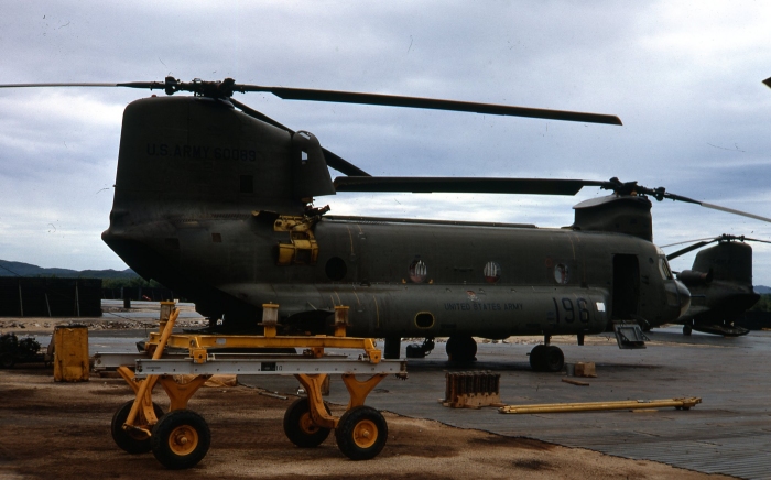 CH-47A Chinook helicopter undergoing an engine change at an unknown location in the Republic of Vietnam.