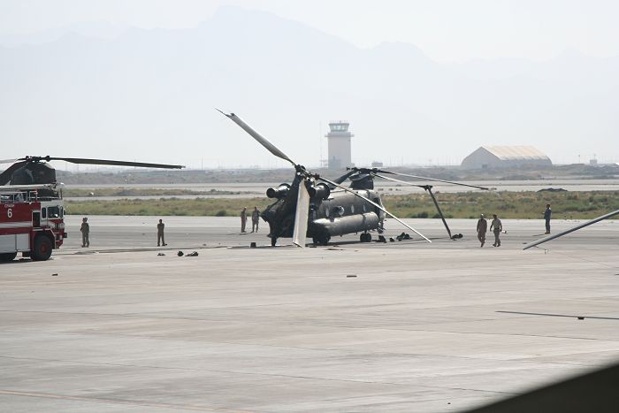 A view of 83-24123 after it was taxied into another aircraft at Bagram, Afghanistan, on 10 August 2007.