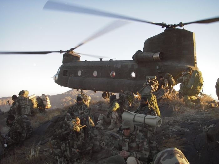 CH-47D Chinook helicopter 86-01682, while assigned to Company D, 113th Aviation, headquartered in Pendleton, Oregon. This photograph was taken just after the infilration (INFIL) of US Special Forces and Afghan National Army soldiers in support of Operation Zeynab on 4 December 2005 in southern Afghanistan.