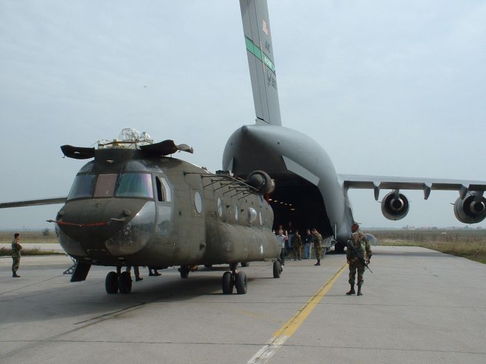 89-00138 being loaded aboard a United States Air Force (USAF) C-17 Globemaster III transport aircraft at Camp Able Sentry, Macedonia.