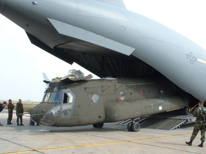 89-00138 being loaded aboard a United States Air Force (USAF) C-17 Globemaster III transport aircraft at Camp Able Sentry, Macedonia.