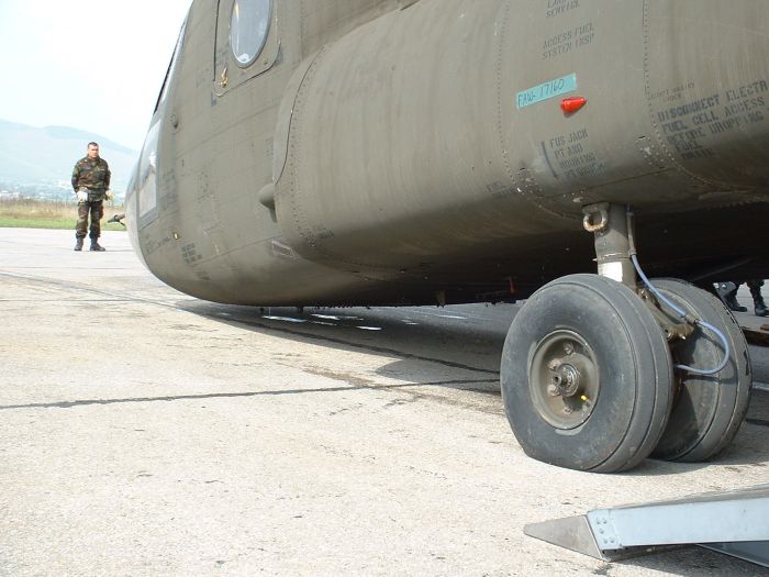 89-00138 being loaded aboard a United States Air Force (USAF) C-17 Globemaster III transport aircraft at Camp Able Sentry, Macedonia.