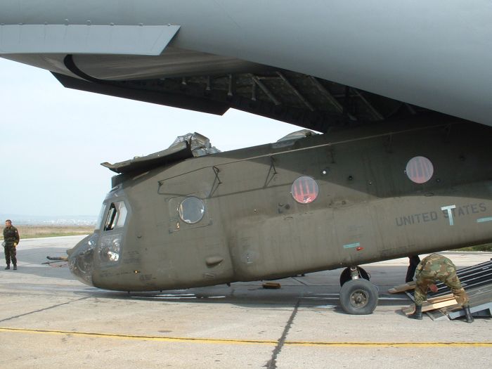 89-00138 being loaded aboard a United States Air Force (USAF) C-17 Globemaster III transport aircraft at Camp Able Sentry, Macedonia.