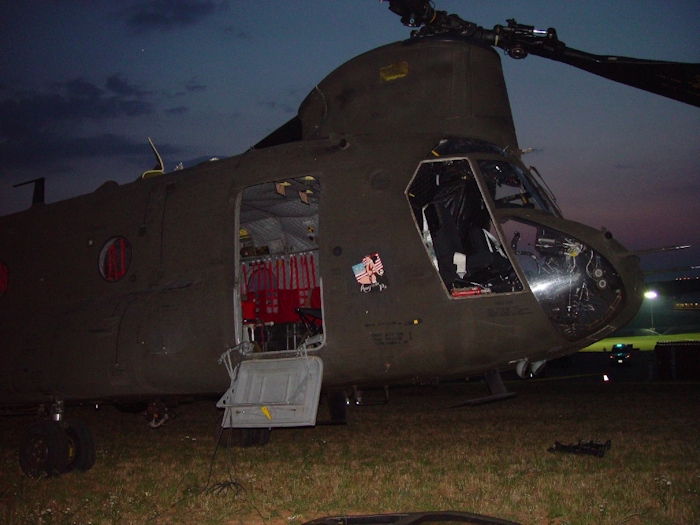 6 July 2002: The right front cockpit area of 89-00138 shortly after the accident. For some unknown reason the cockpit doors were jettisioned after the landing and are laying on the ground next to the airframe.