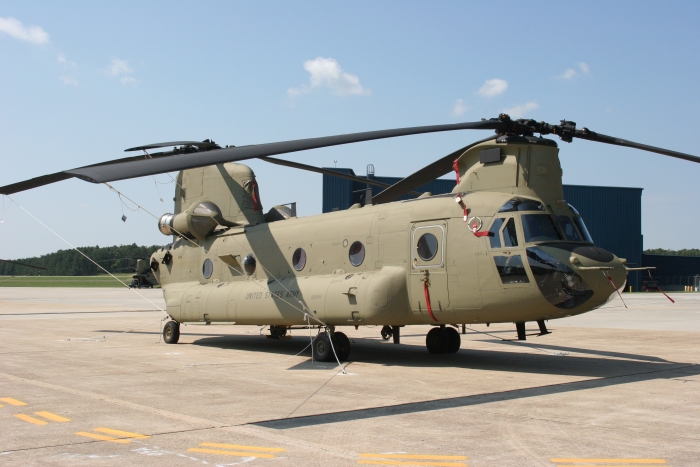 26 August 2010: CH-47F Chinook helicopter 07-08739 sits parked on the ramp outside the Boeing Modification Center at Millville Airport (KMIV), New Jersey.