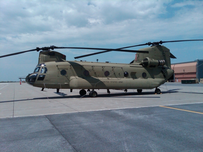 CH-47F Chinook helicopter 08-08052 sitting on South ramp at Wheeler-Sack Army Airfield, Fort Drum, New York, during the B Company - "Colossal", 3rd General Support Aviation Battalion, 10 Mountain Divison (B, 3-10 GSAB) fielding and train up in the Spring of 2010.