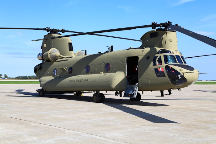 27 September 2012: After waiting most of the day for the weather to clear between Gus Grissom and Marshall airfields, CH-47F Chinook helicopter 10-08803 and flight makes it to the FBO ramp at Quincy Regional Airport (KUIN), Illinois, for a fuel during the aircraft delivery ferry flight to Marshall Airfield (KFRI), Fort Riley, Kansas.