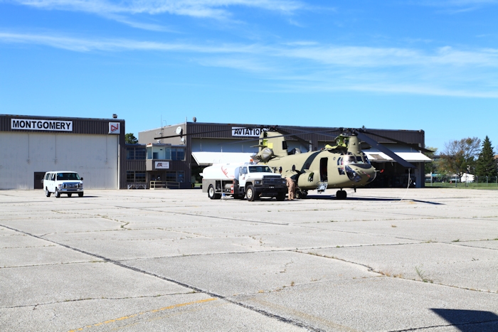 20 September 2012: CH-47F Chinook helicopter 10-08806 receives fuel from the Montgomery Aviation FBO and a post-flight/preflight at the end of the mission day having just arrived at Gus Grissom Joint Civil/Military Air Reserve Base (KGUS), Indiana.