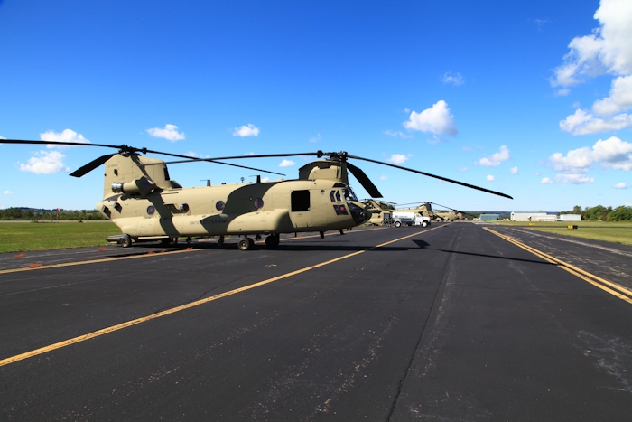 20 September 2012: CH-47F Chinook helicopter 10-08806 sits on the ramp at Wheeling Ohio County Airport (KHLG), West Virginia, while awaiting refuel.