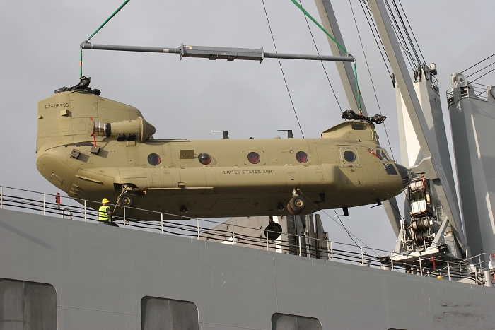 18 November 2010: CH-47F Chinook helicopter 07-08735 was the tenth aircraft to arrive at the dock.